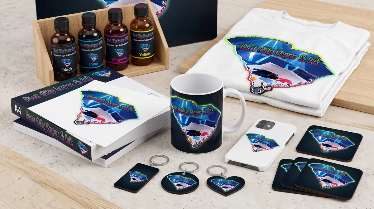 The Port City Paper and Ink line: A4 transfer paper reams, CMYK dye-sublimation inks, and branded blanks including a mug, shirt, phone case, coasters, and keychains.